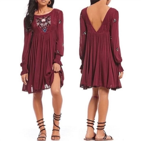 Free People Dresses & Skirts - NEW! NWT Free People Mohave Embroidered Burgundy Mini Dress Size M Low V Back